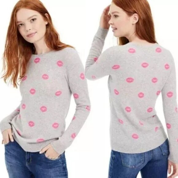 Charter Club 100% Cashmere Lipstick Lips Crewneck Sweater Gray Pink Size S $159 - Picture 1 of 15